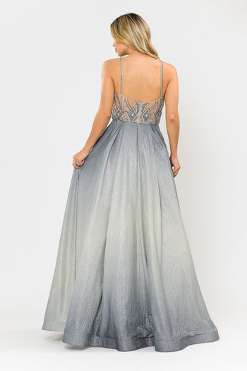 Poly USA 8350 Long Ombre Glitter Dress with Sheer Bodice