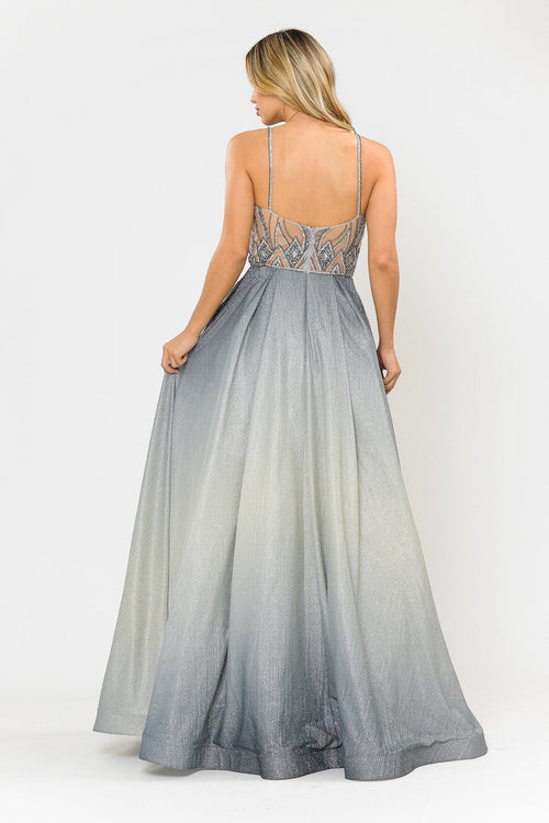 Poly USA 8350 Long Ombre Glitter Dress with Sheer Bodice