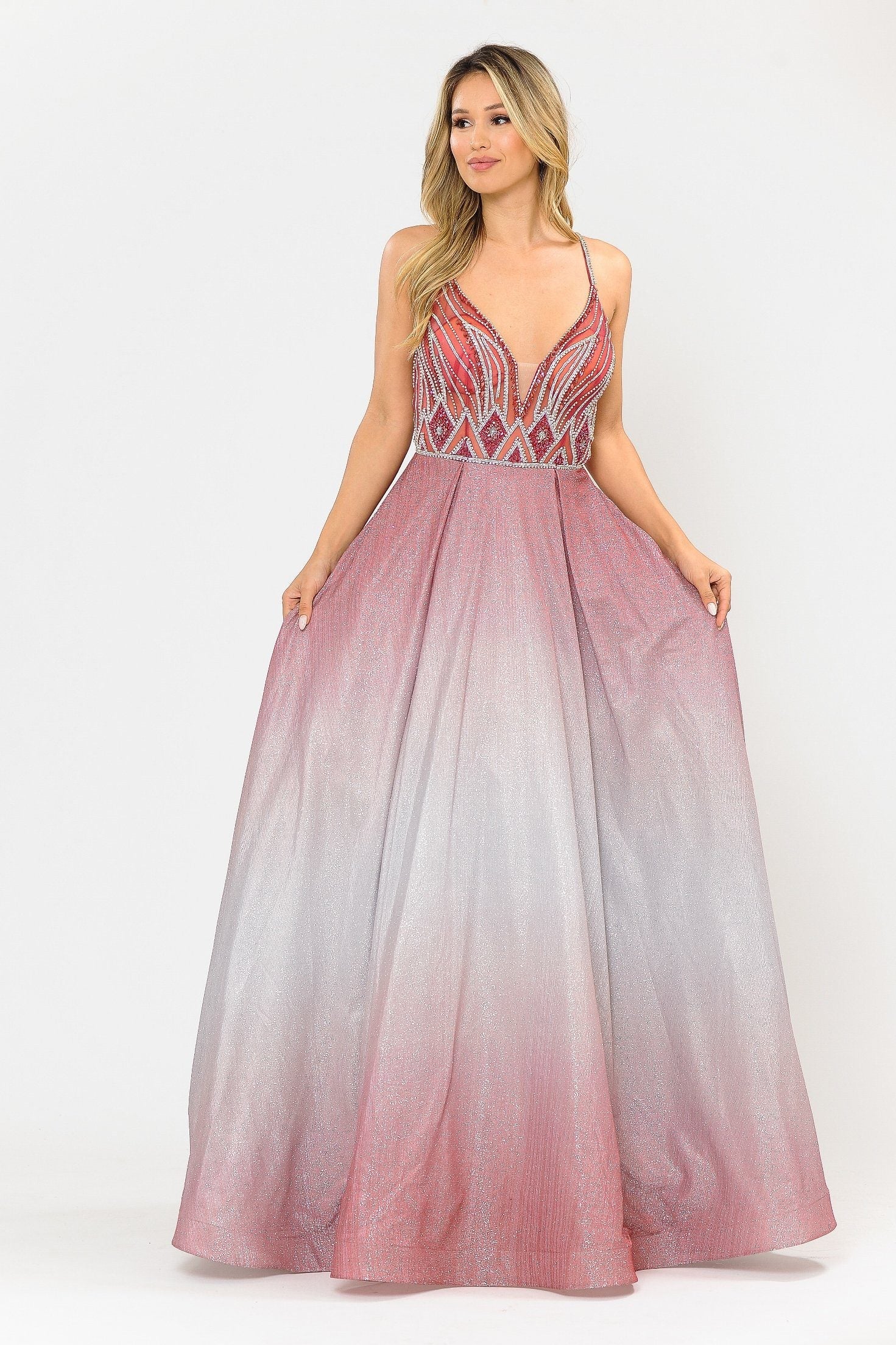 Poly USA 8350 Long Ombre Glitter Dress with Sheer Bodice