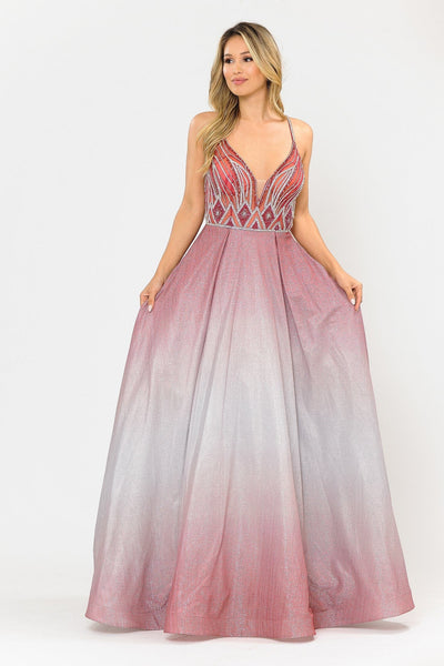 Poly USA 8350 Long Ombre Glitter Dress with Sheer Bodice