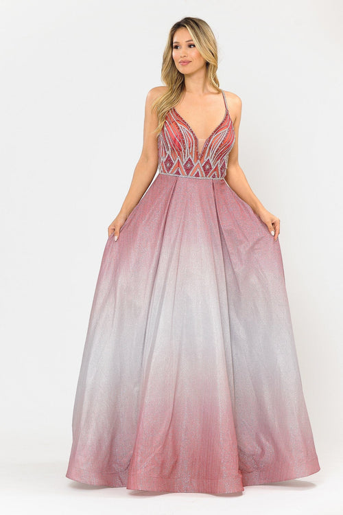 Poly USA 8350 Long Ombre Glitter Dress with Sheer Bodice