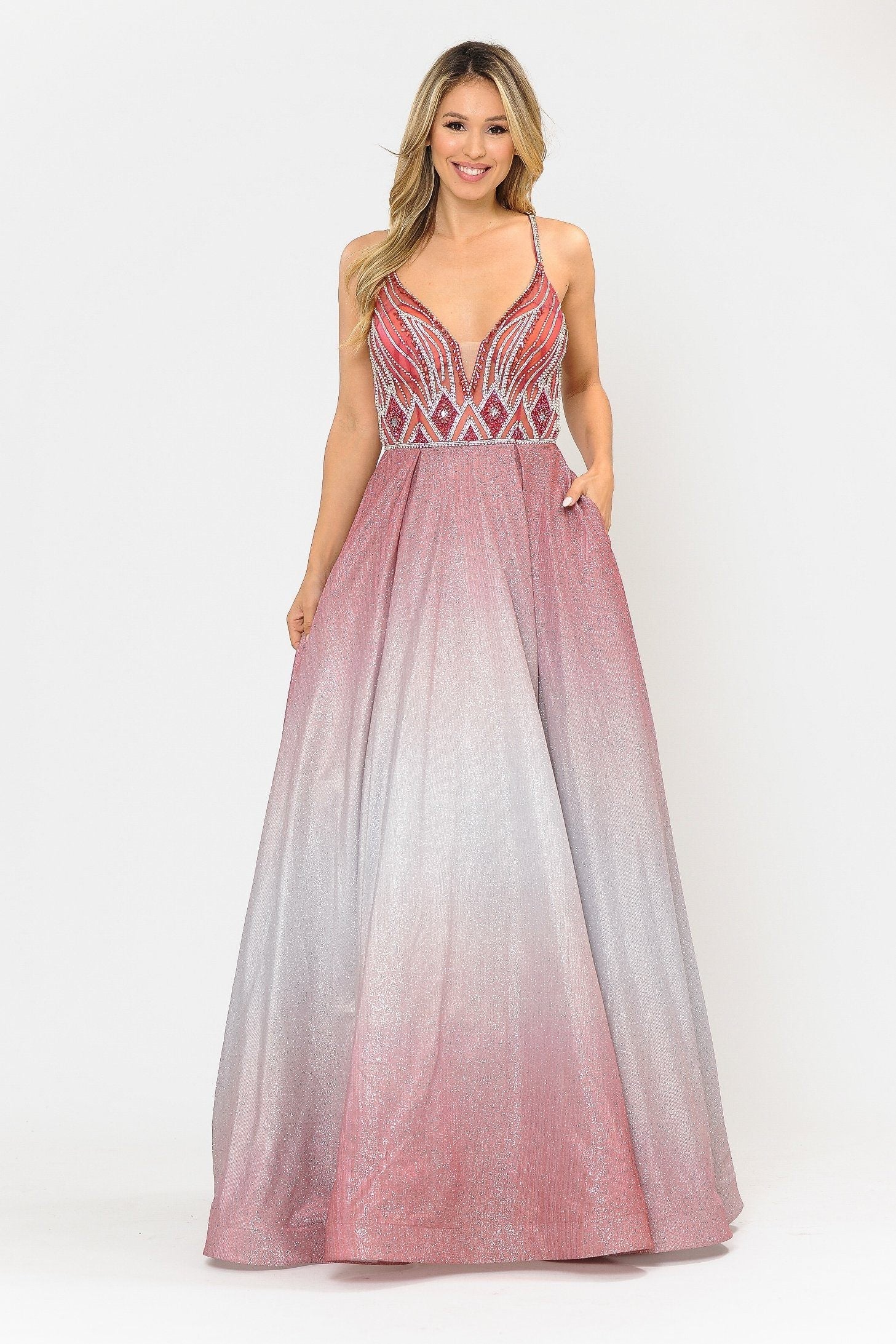 Poly USA 8350 Long Ombre Glitter Dress with Sheer Bodice