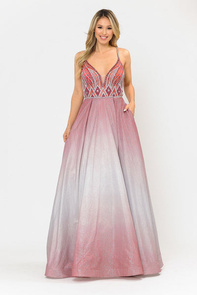 Poly USA 8350 Long Ombre Glitter Dress with Sheer Bodice