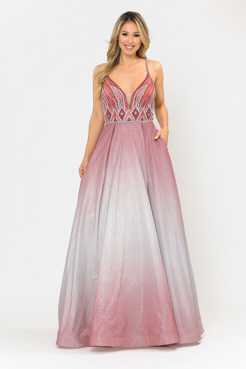Poly USA 8350 Long Ombre Glitter Dress with Sheer Bodice