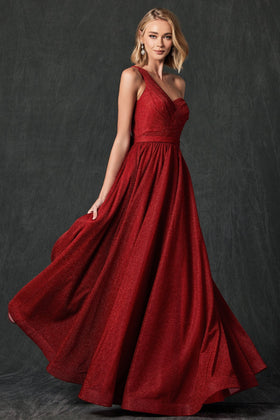 Juliet 205 Long One Shoulder Glitter Dress with Fitted Silhouette and Sweetheart Neckline