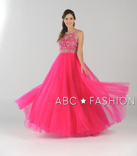 Long Sleeveless Beaded A-Line Open Back Gown By Poly USA 7940