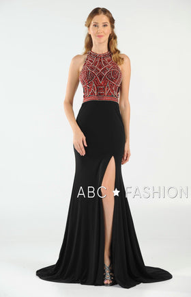 Long Beaded Slit Gown By Poly USA 7544
