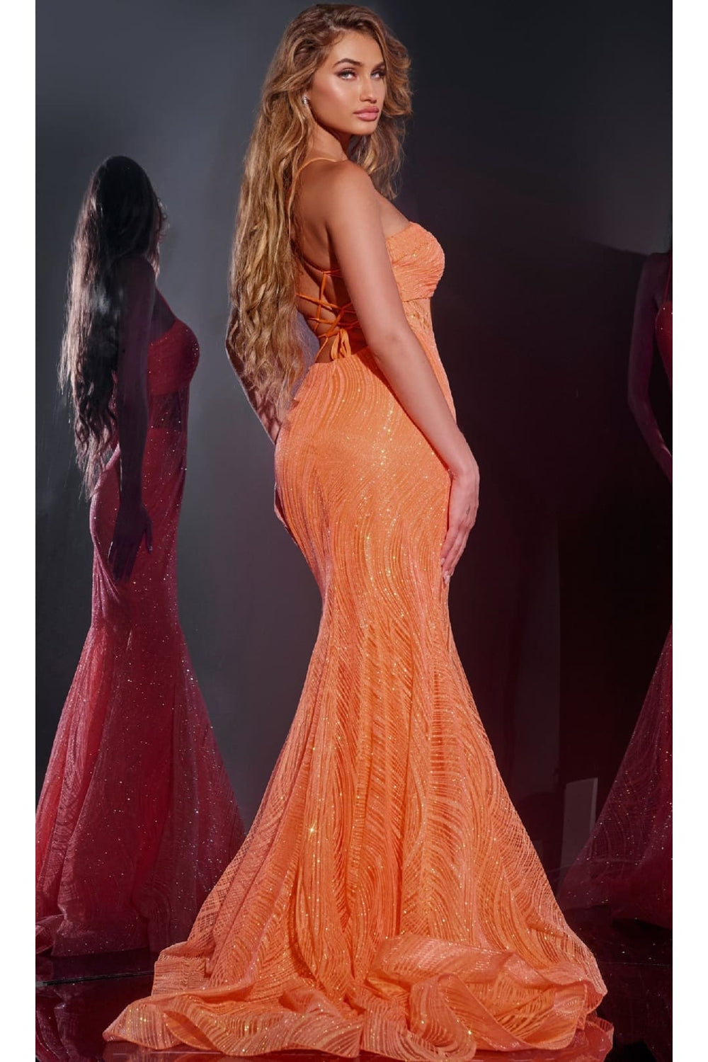 orange jovani prom dresses Long Glitter Prom Dress with Open Back Purple / 14