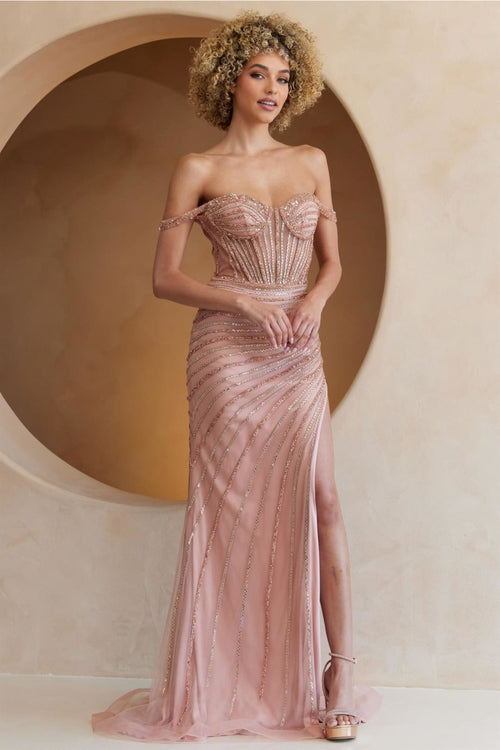 Long Pageant Dress Off The Shoulder High Slit Prom Gown By Amelia Couture TM1029 - ROSE GOLD / 2 - Dress