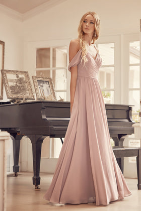 Juliet 262 Long Pleated Cold Shoulder Dress with Fitted Silhouette and V-Neck Neckline