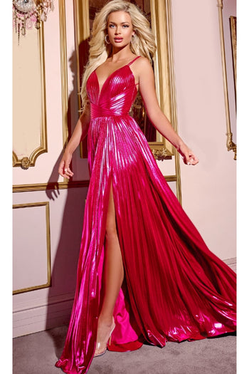 Long Pleated Metallic Prom Dress: Jovani 43795 - Fuchsia / 00 - Apparel & Accessories > Clothing > Dresses