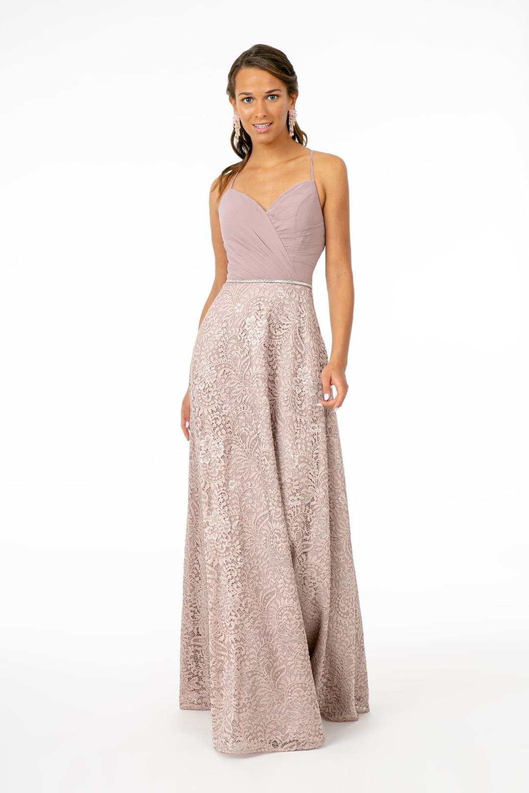 Long Pleated Sweetheart Dress with Lace Skirt by Elizabeth K GL2667 - XS / Mauve - Long Formal Dresses