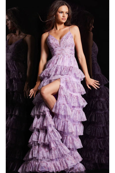 Long Print Ruffled A-Line Prom Dress: Jovani 36571 - Apparel & Accessories > Clothing > Dresses