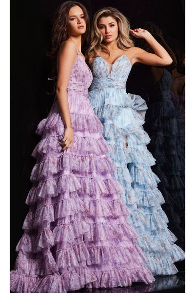 Long Print Ruffled A-Line Prom Dress: Jovani 36571 - Apparel & Accessories > Clothing > Dresses