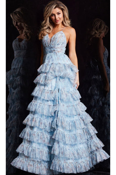 Long Print Ruffled A-Line Prom Dress: Jovani 36571 - Apparel & Accessories > Clothing > Dresses