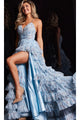 Long Print Ruffled A-Line Prom Dress: Jovani 36571 - Light Blue / Apparel & Accessories > Clothing > Dresses