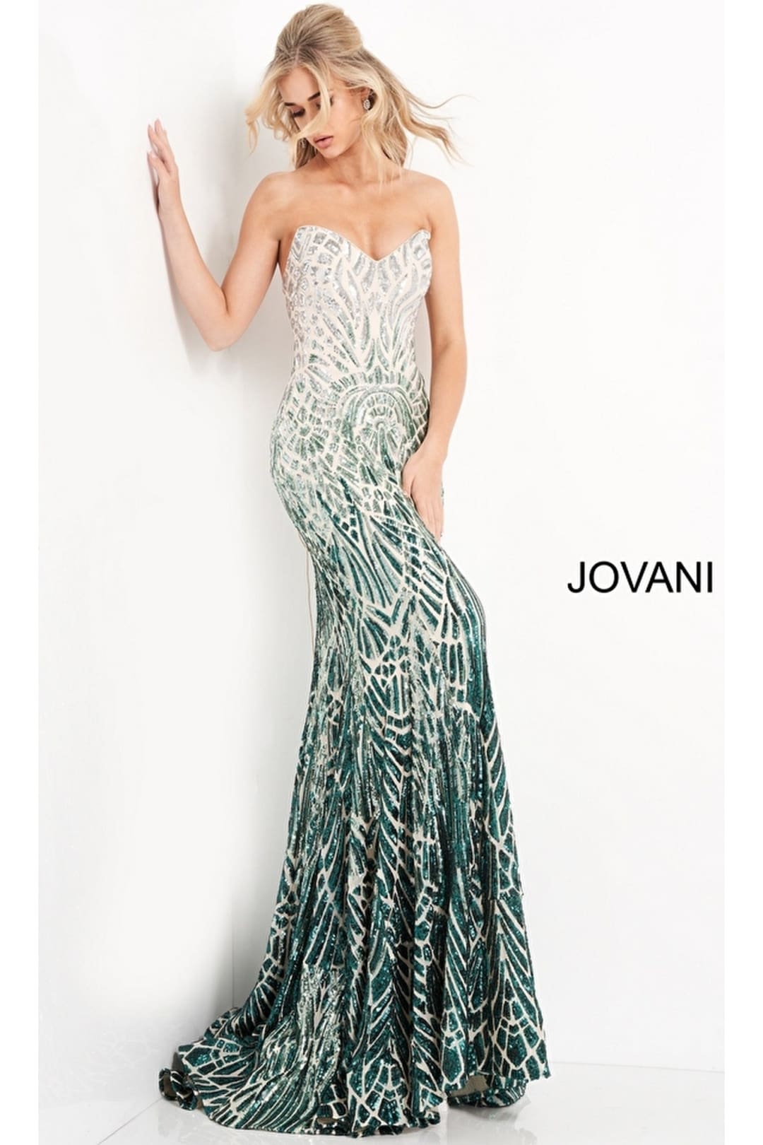 Long Prom Dress 06459 by Jovani - Silver/Green / Prom