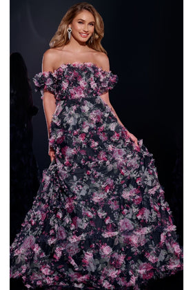 Jovani 40331 Navy Floral Off-Shoulder Ball Gown – A-Line Prom Dress