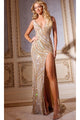 Long Prom Dress: Jovani 42512 - Nude/Gold Multi / Prom