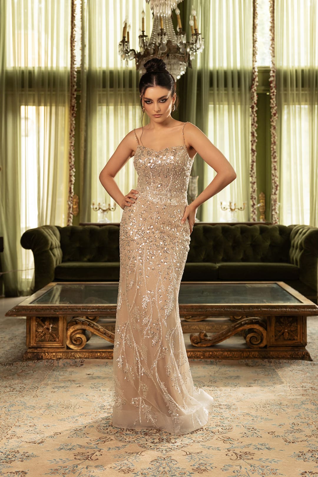 Long Red Carpet Dress Sleeveless Beaded Gown By Royal Queen RQ8146 - CHAMPAGNE / 4 - Dress