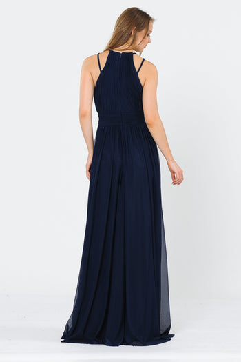 Vestido largo fruncido con cuello halter y corte A de Poly USA 8396