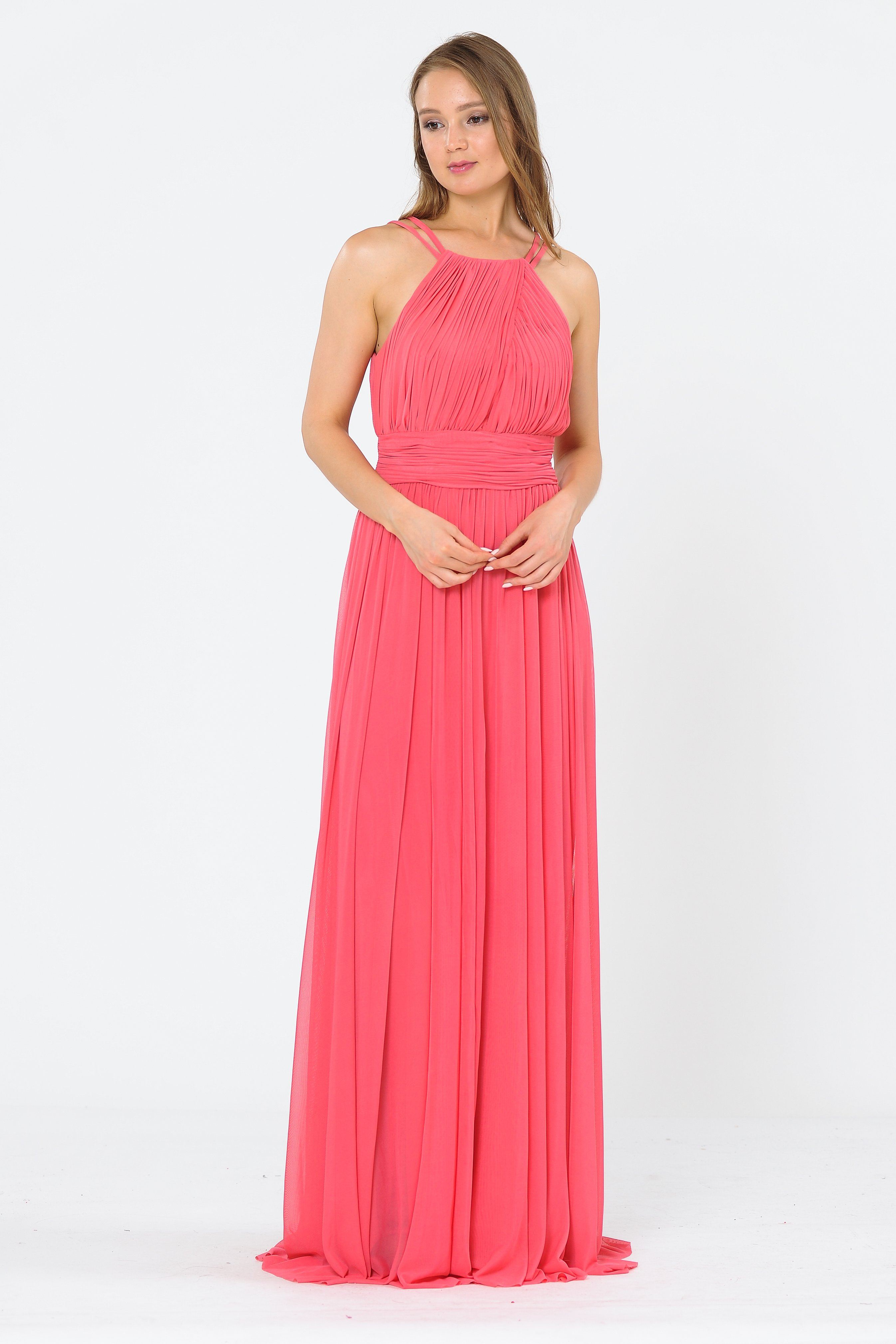 Vestido largo fruncido con cuello halter y corte A de Poly USA 8396