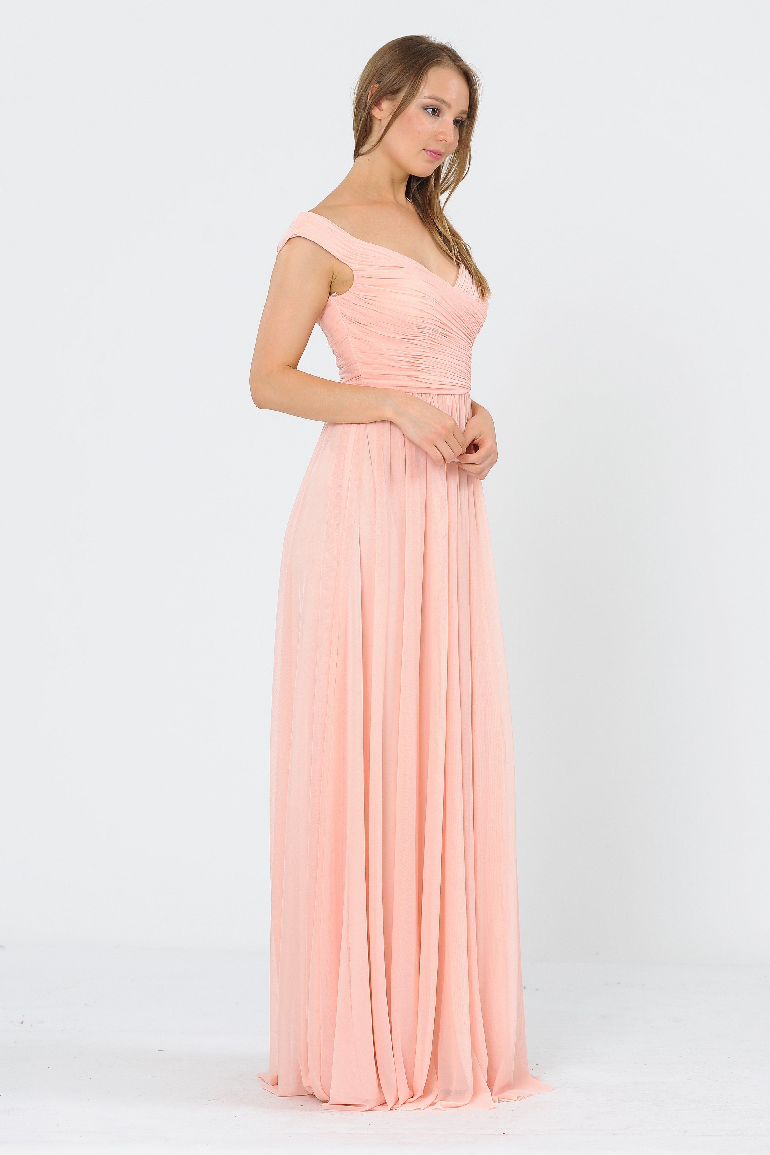 Vestido largo fruncido con hombros descubiertos de Poly USA 8398