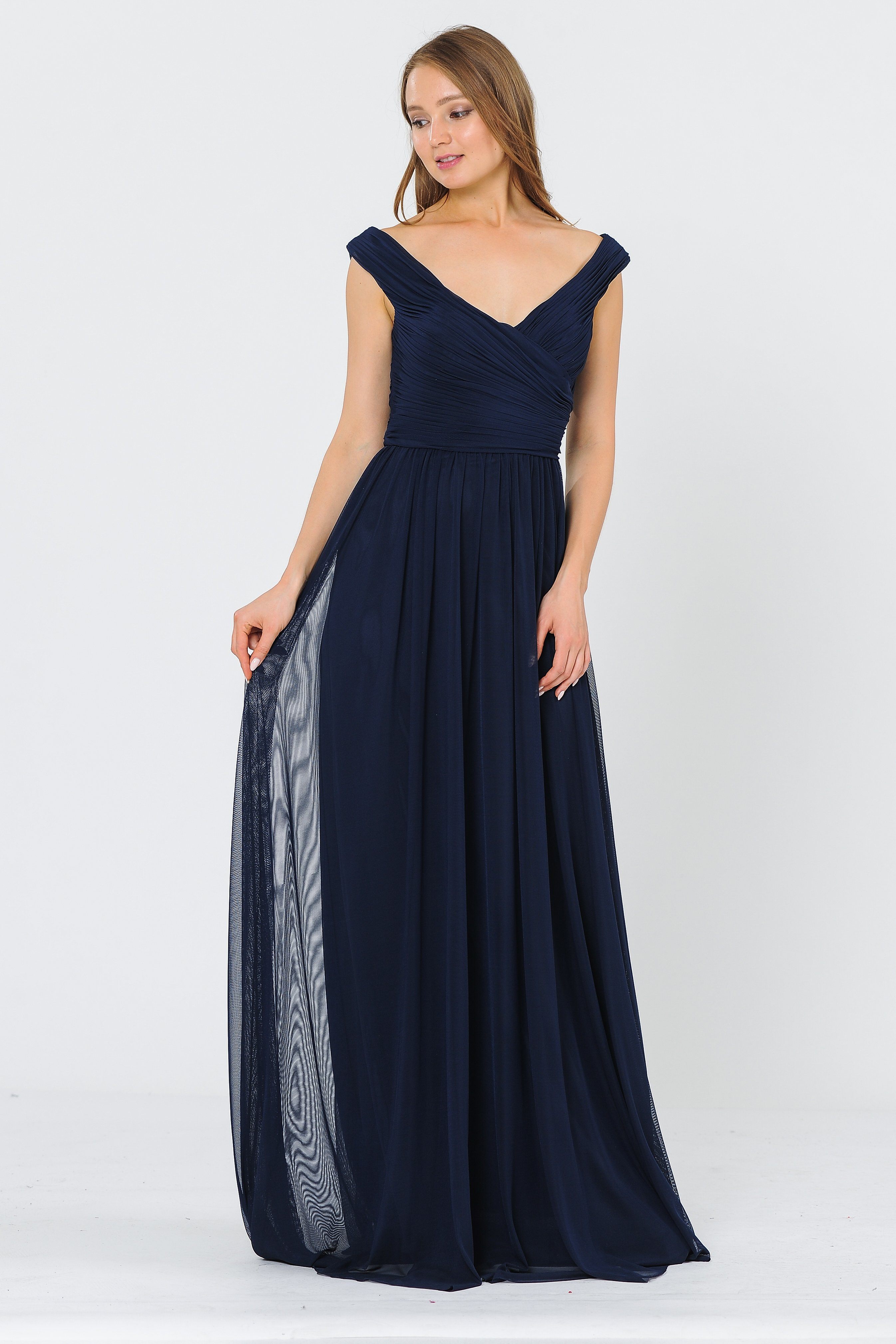Vestido largo fruncido con hombros descubiertos de Poly USA 8398