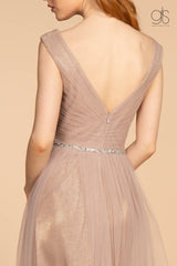 Long Ruched V-Neck Dress with Jeweled Waistband by Elizabeth K GL2560 - Long Formal Dresses