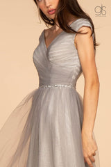 Long Ruched V-Neck Dress with Jeweled Waistband by Elizabeth K GL2560 - Long Formal Dresses