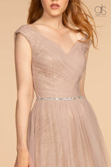 Long Ruched V-Neck Dress with Jeweled Waistband by Elizabeth K GL2560 - Long Formal Dresses