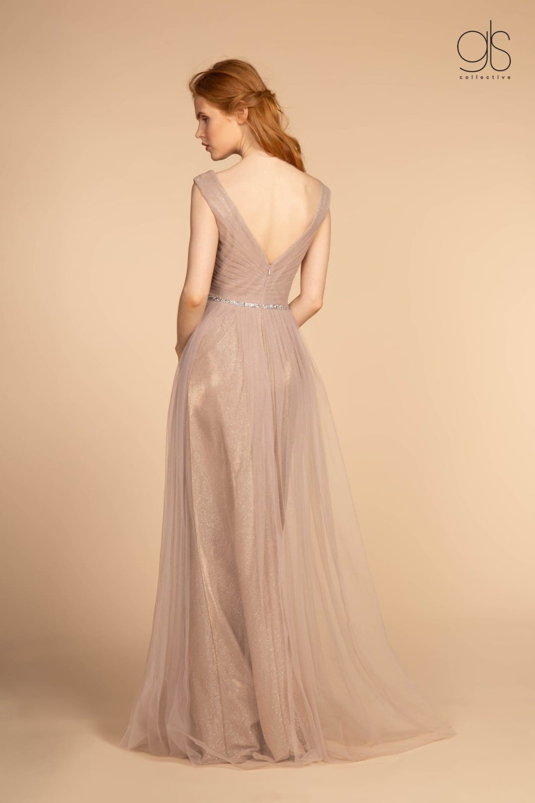 Long Ruched V-Neck Dress with Jeweled Waistband by Elizabeth K GL2560 - Long Formal Dresses