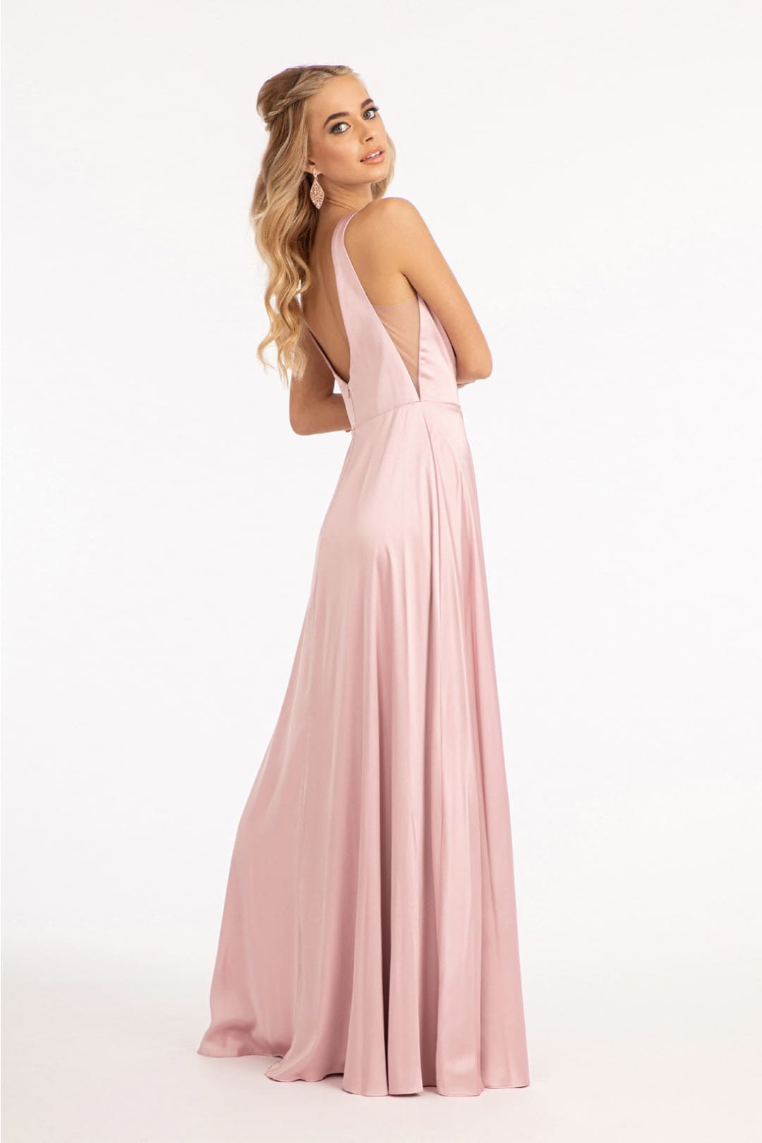 Long Satin Illusion V-Neck Dress by Elizabeth K GL1992 - Long Formal Dresses