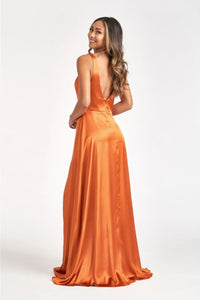 Long Satin Illusion V-Neck Dress by Elizabeth K GL1992 - Long Formal Dresses