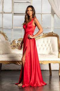 Long Satin Illusion V-Neck Dress by Elizabeth K GL1992 - Long Formal Dresses