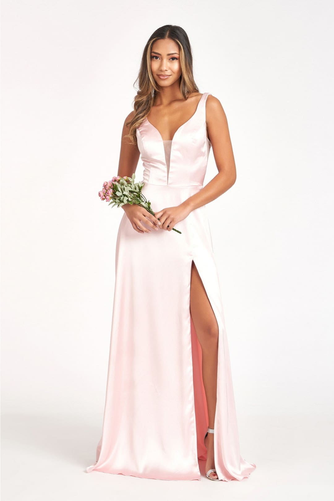 Long Satin Illusion V-Neck Dress by Elizabeth K GL1992 - XS / Blush - Long Formal Dresses