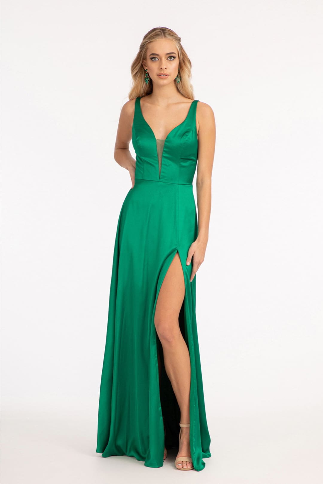 Long Satin Illusion V-Neck Dress by Elizabeth K GL1992 - XS / Emerald Green - Long Formal Dresses