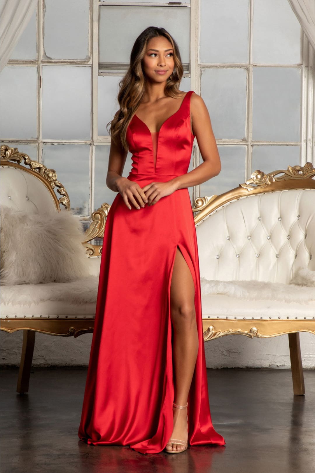 Long Satin Illusion V-Neck Dress by Elizabeth K GL1992 - XS / Red - Long Formal Dresses