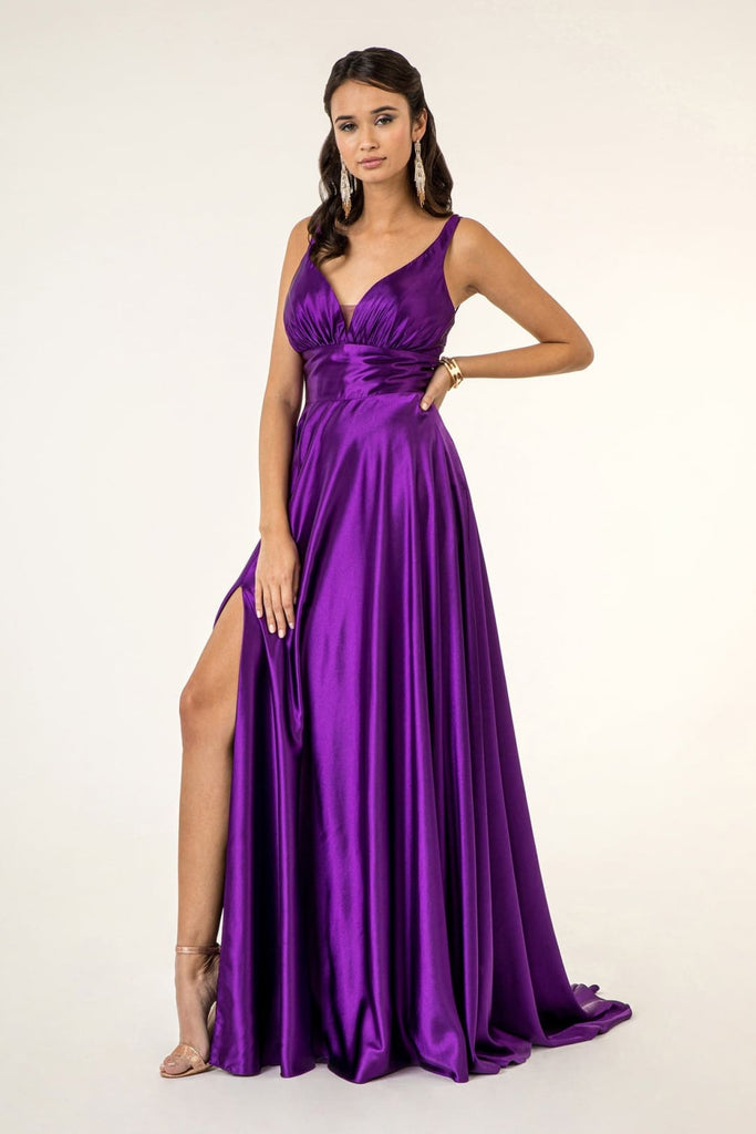 Long Satin V-Neck Dress by Elizabeth K GL2963 - XS / Eggplant - Long Formal Dresses