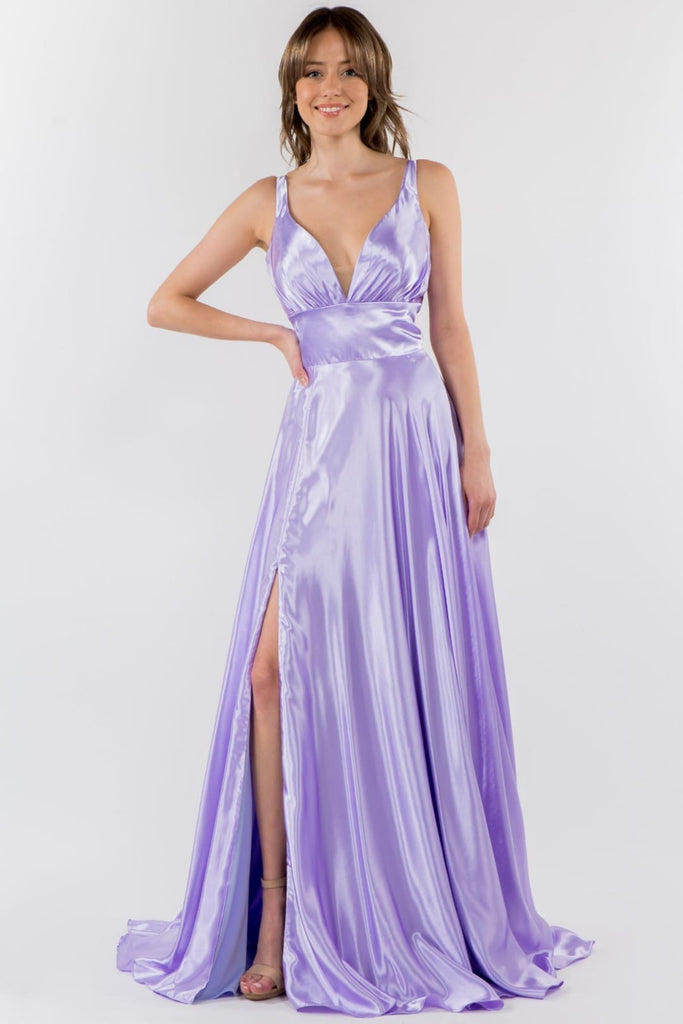 Long Satin V-Neck Dress by Elizabeth K GL2963 - XS / Lilac - Long Formal Dresses