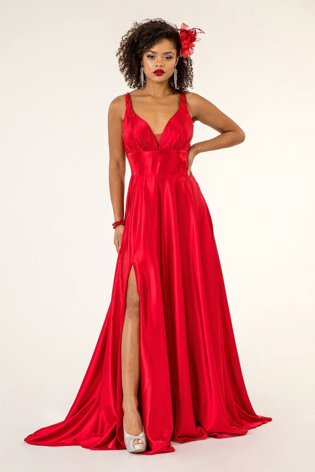 Long Satin V-Neck Dress by Elizabeth K GL2963 - XS / Red - Long Formal Dresses