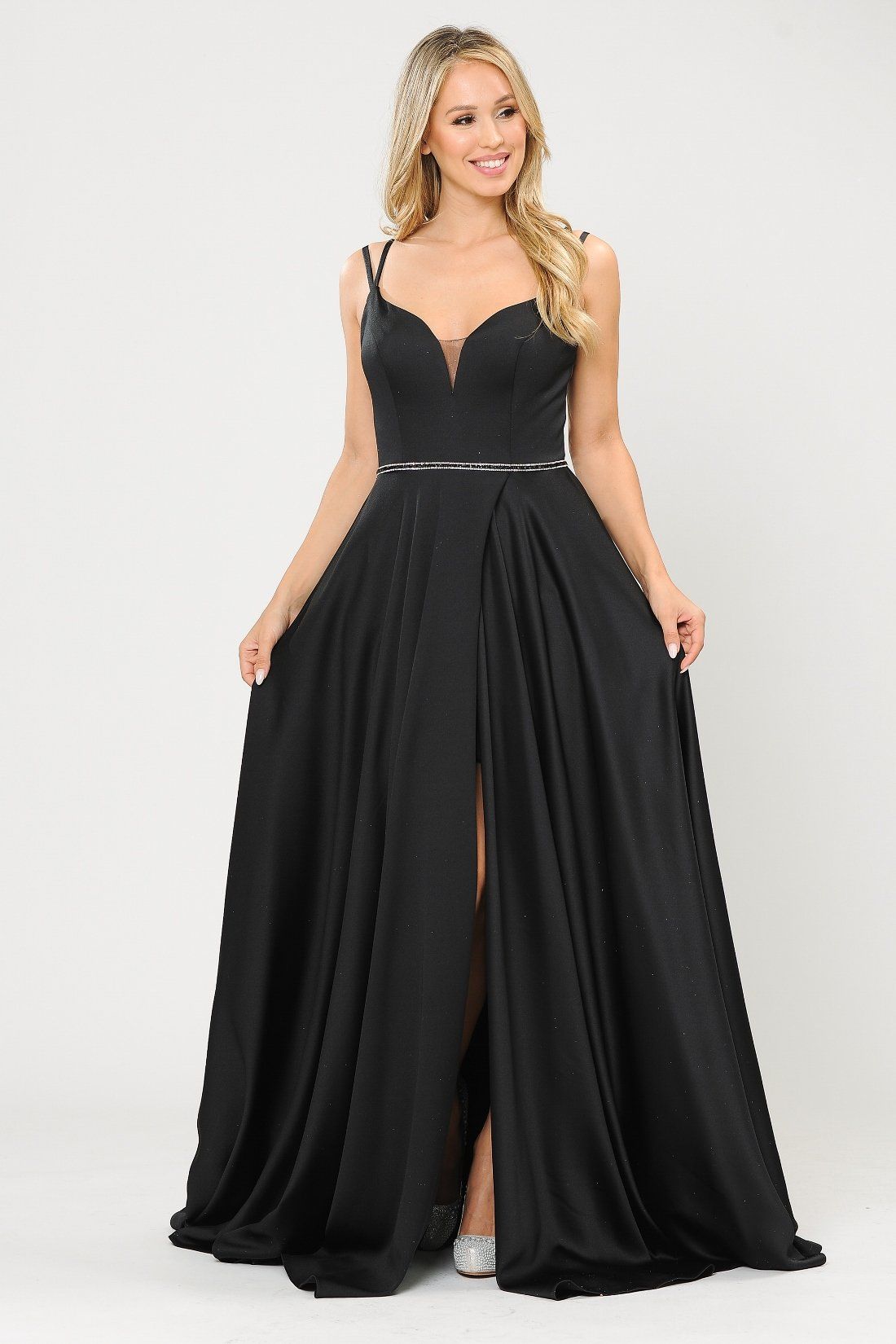 Poly USA 8654 Long Satin V-Neck Dress with Corset Back