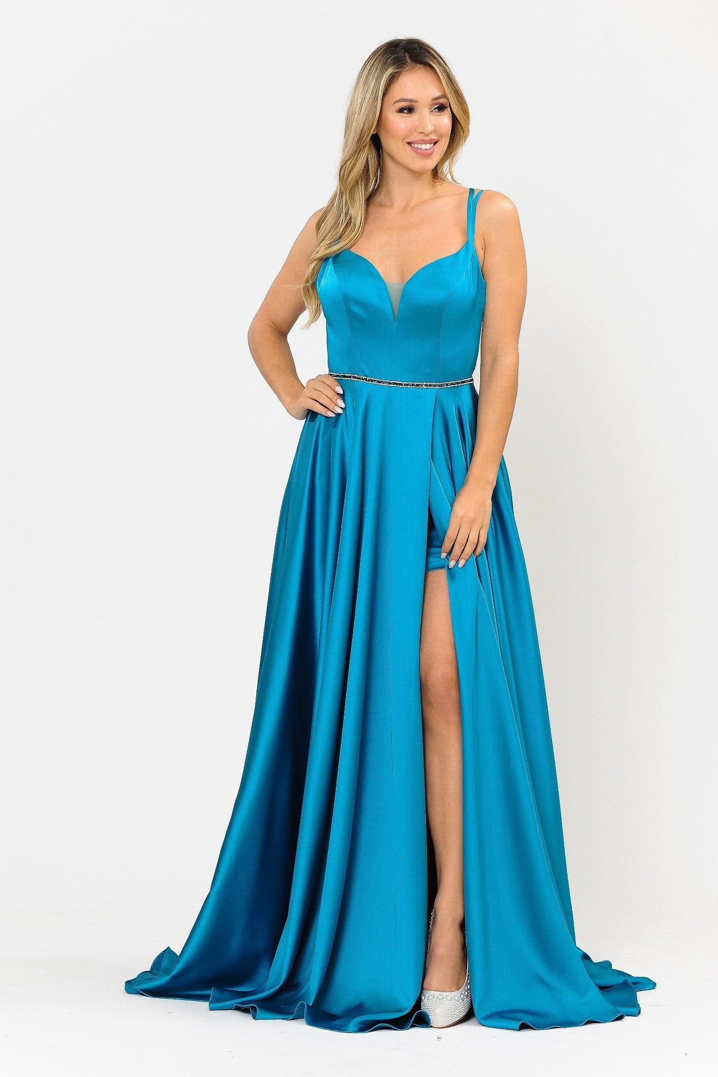 Poly USA 8654 Long Satin V-Neck Dress with Corset Back