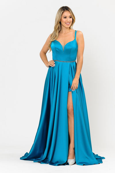 Poly USA 8654 Long Satin V-Neck Dress with Corset Back