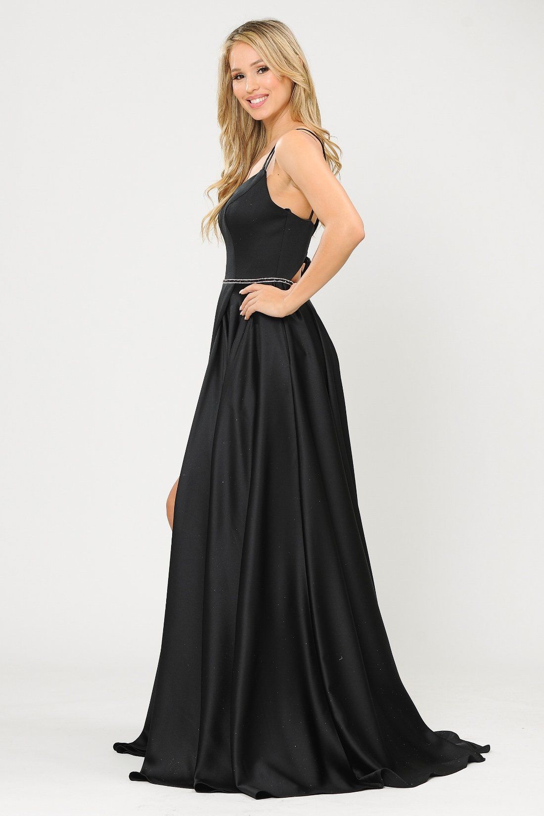 Poly USA 8654 Long Satin V-Neck Dress with Corset Back