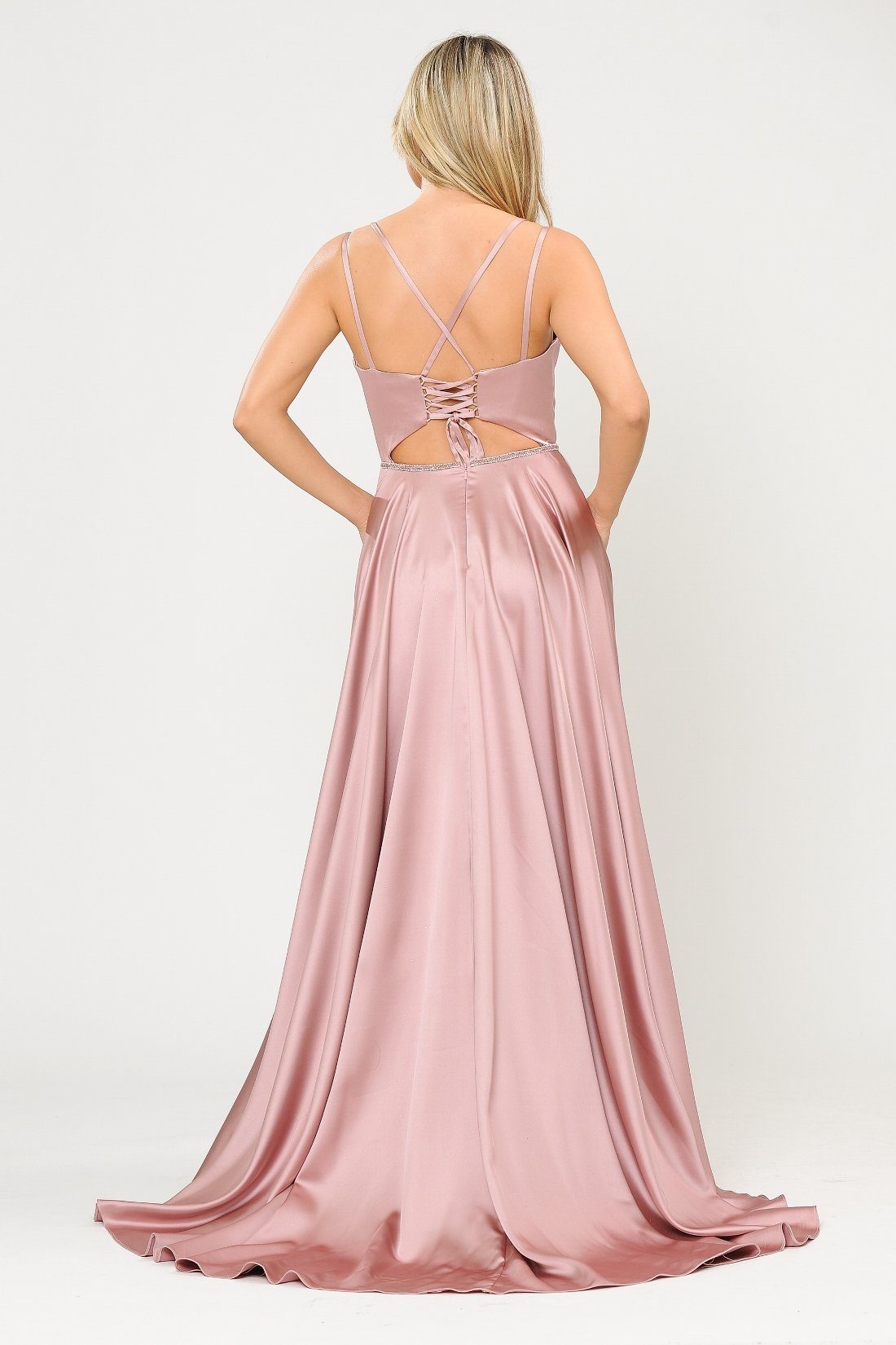 Poly USA 8654 Long Satin V-Neck Dress with Corset Back