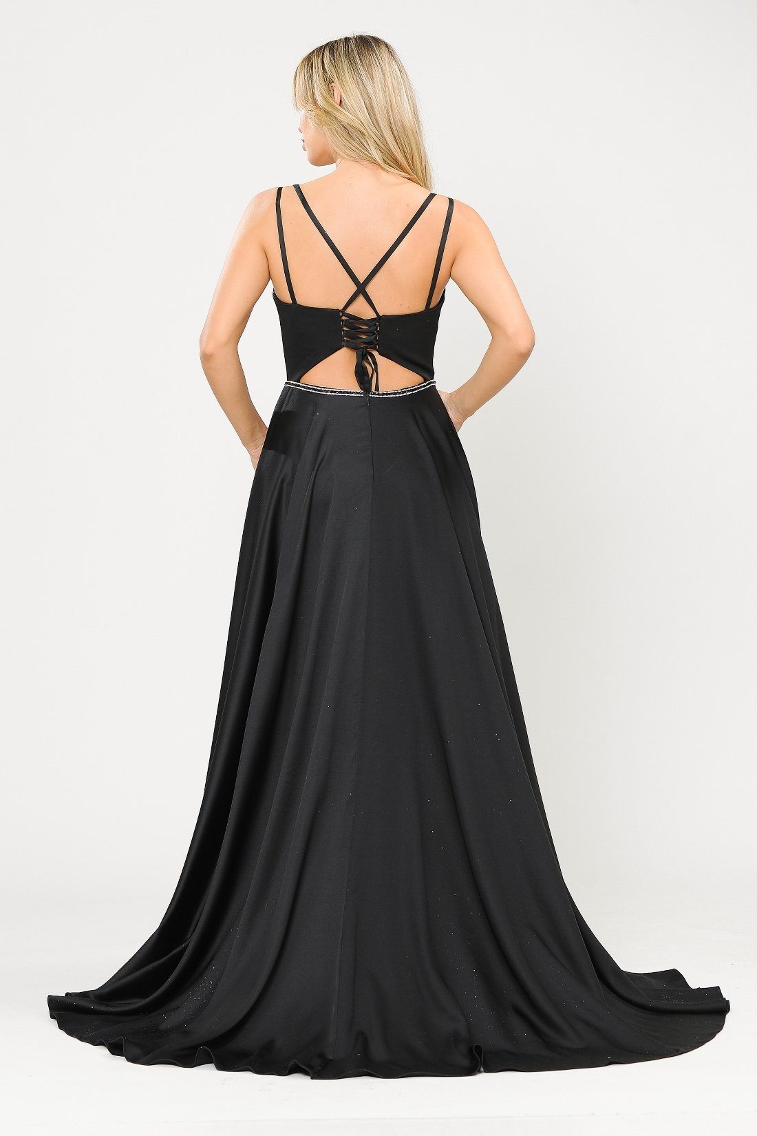 Poly USA 8654 Long Satin V-Neck Dress with Corset Back