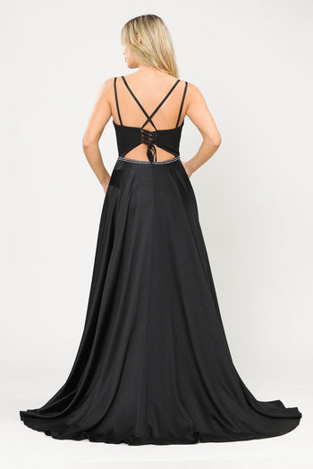 Poly USA 8654 Long Satin V-Neck Dress with Corset Back