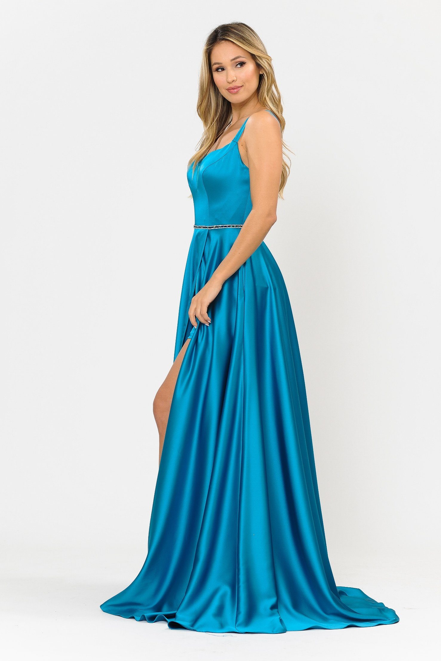 Poly USA 8654 Long Satin V-Neck Dress with Corset Back