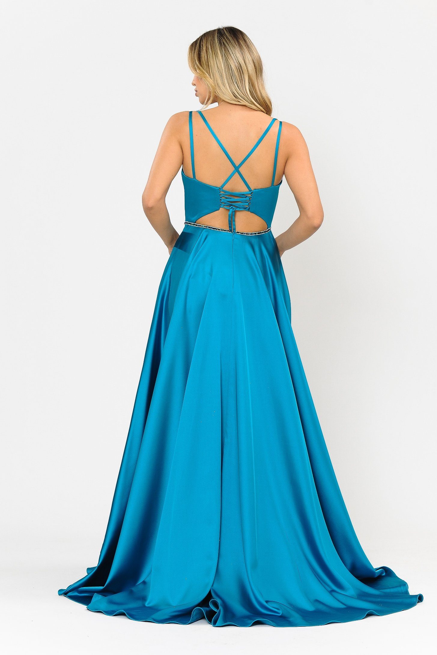 Poly USA 8654 Long Satin V-Neck Dress with Corset Back